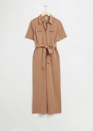 & Other Stories Belted Corta Sleeve Jumpsuit Beige | NOS-SN114377