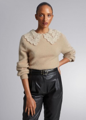 & Other Stories Crochet Collar Knit Maglia Beige | NOS-SN113613