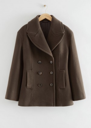 & Other Stories Double-Breasted Italian Lana Vergine Pea Coat Verdi | NOS-SN113722