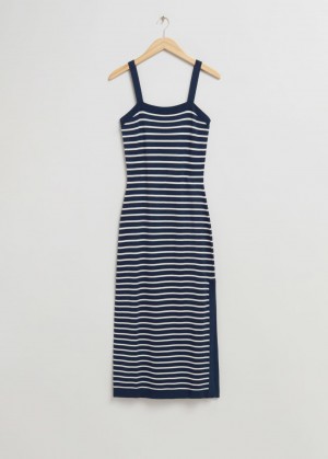 & Other Stories Fitted A Strisce Midi Vestito Blu Scuro Bianche | NOS-SN113501