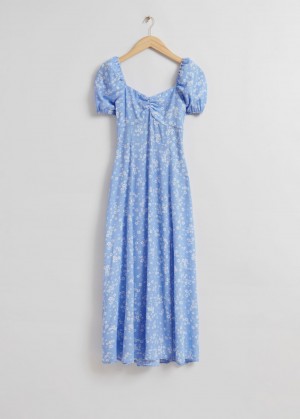 & Other Stories Flowy Puff Sleeve Midi Vestito Blu Chiaro | NOS-SN113397