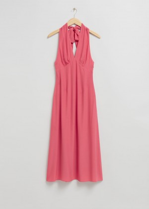 & Other Stories Halterneck Bow Detail Flared Vestito Rosa | NOS-SN113278