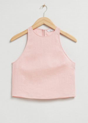 & Other Stories Linen Round Neck Cropped Top Rosa Chiaro | NOS-SN114019