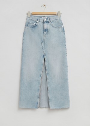 & Other Stories Long Frayed Edge Denim Skirt Blu Chiaro | NOS-SN114201