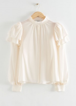 & Other Stories Mulberry Silk Layered Frilled Shirt Crema | NOS-SN113818