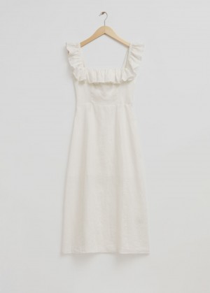 & Other Stories Ruffle Neck Linen Midi Vestito Bianche | NOS-SN113256