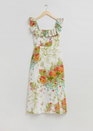 & Other Stories Ruffle Neck Linen Midi Vestito Bianche | NOS-SN113270