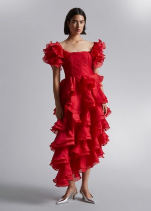 & Other Stories Tiered Ruffle Midi Vestito Rosse | NOS-SN113245