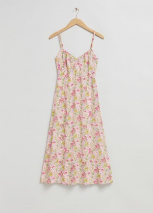 & Other Stories V-Neck Cinturino Midi Vestito Bianche Rosa | NOS-SN113344