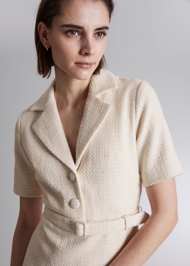 & Other Stories Belted Tweed Mini Vestito Crema | NOS-SN113390