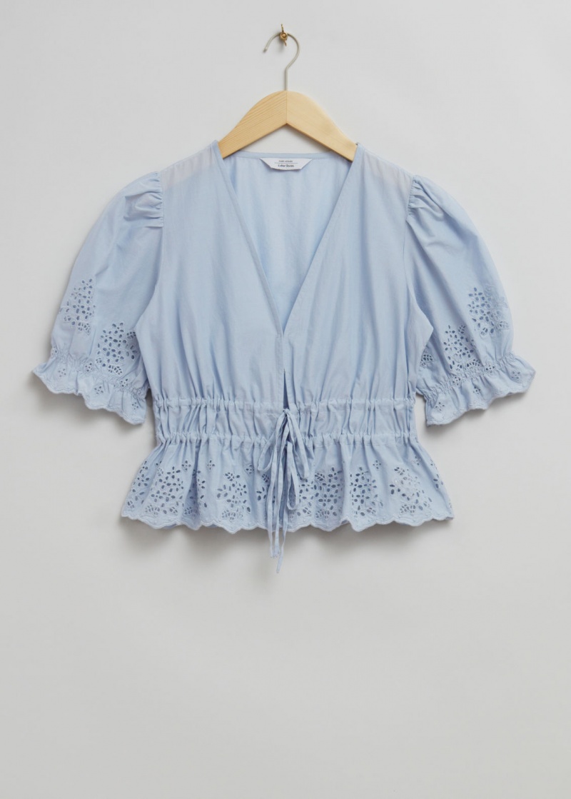 & Other Stories Broderie Anglaise Puff Sleeve Blouse Blu Chiaro | NOS-SN113912