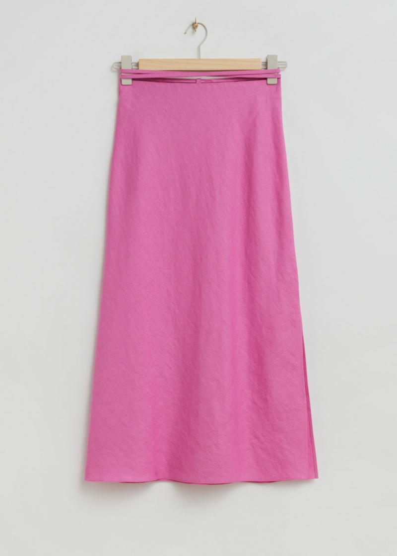 & Other Stories Cinturino Detail Linen Midi Skirt Rosa | NOS-SN114160