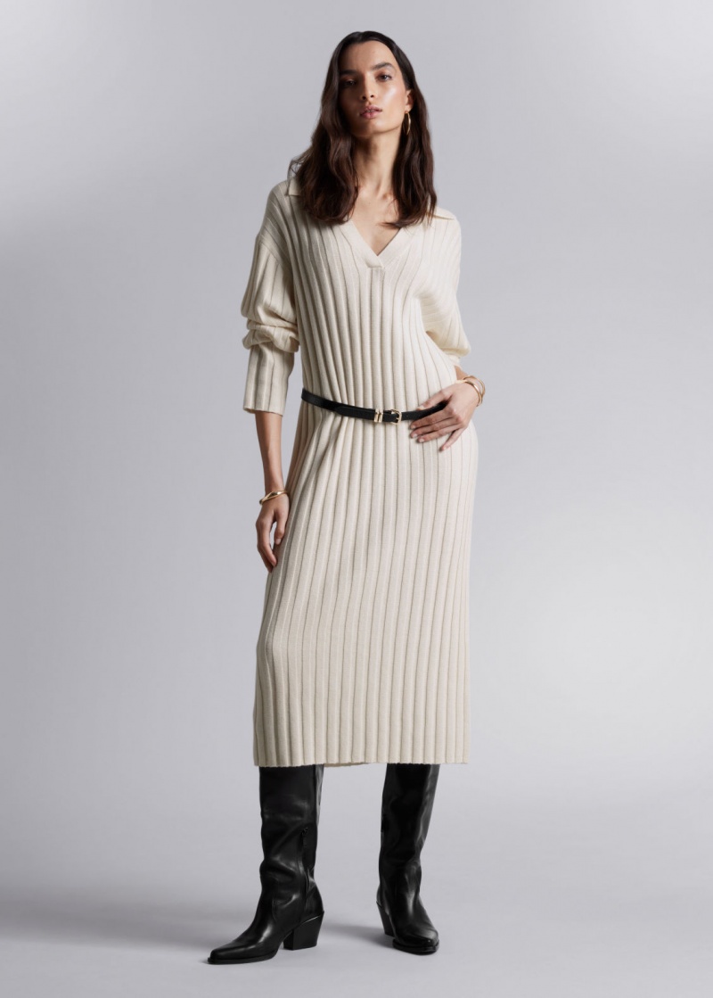 & Other Stories Collared Rib-Knit Midi Vestito Bianche | NOS-SN113378