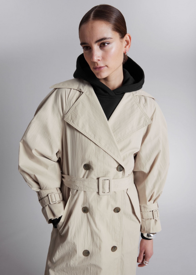 & Other Stories Crinkle-Effect Trench Coat Beige | NOS-SN113781