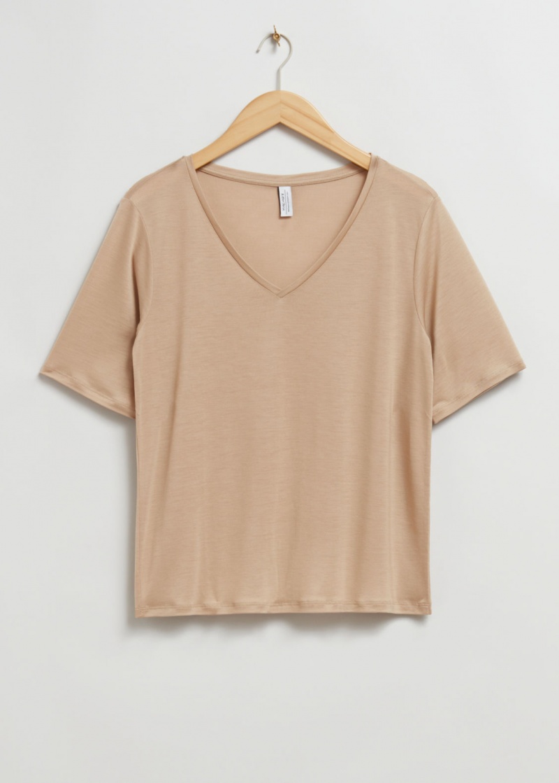 & Other Stories Crossover V-Neck T-Shirt Beige | NOS-SN113999