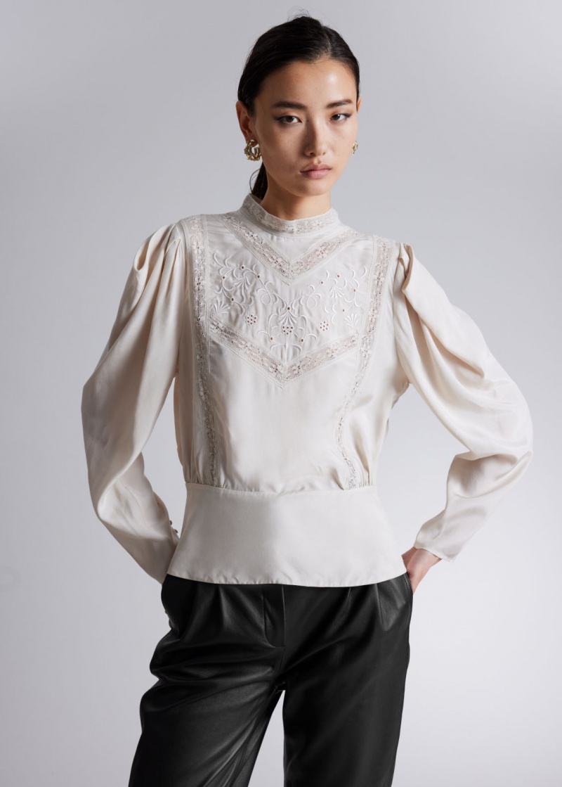 & Other Stories Embroidered Puff-Sleeve Blouse Beige | NOS-SN113905