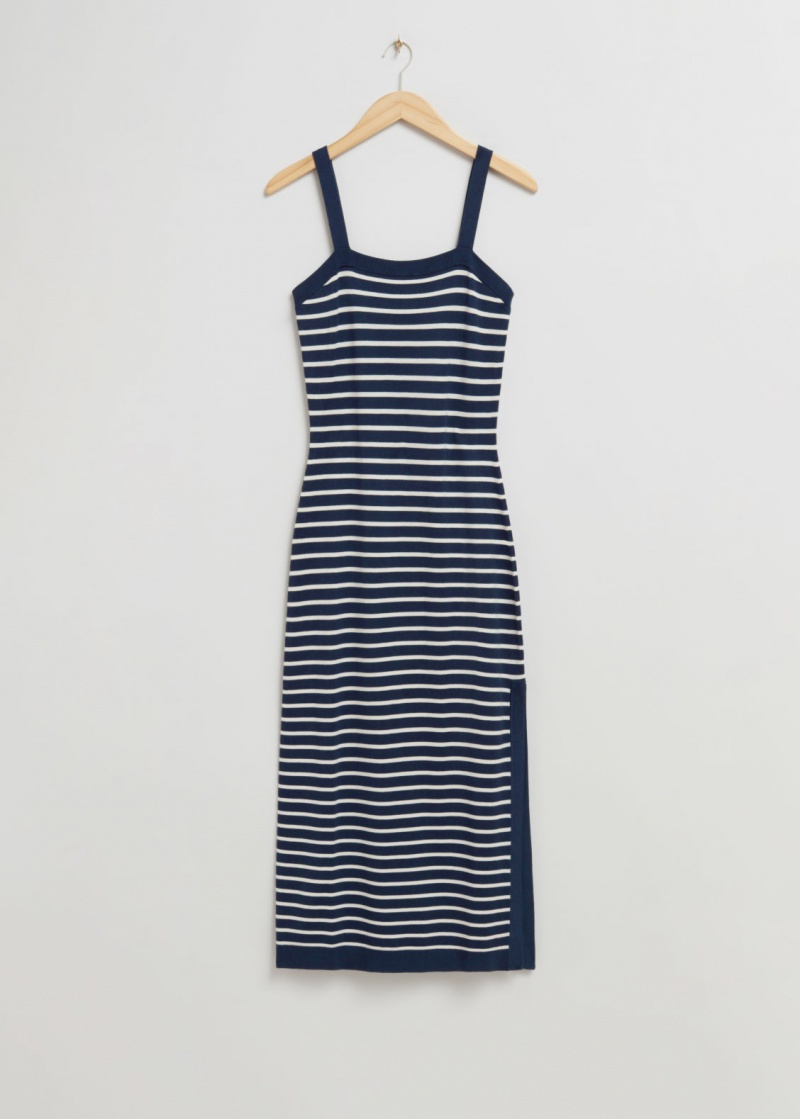 & Other Stories Fitted A Strisce Midi Vestito Blu Scuro Bianche | NOS-SN113501