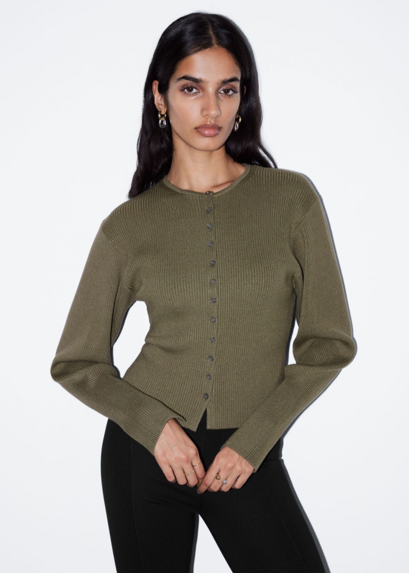 & Other Stories Fitted Rib-Knit Cardigan Khaki | NOS-SN113689