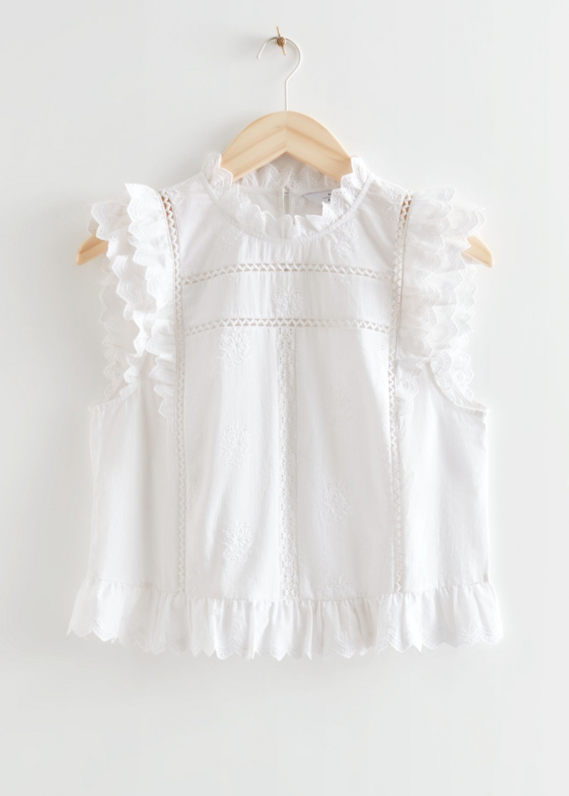 & Other Stories Frilled Embroidery Top Bianche | NOS-SN113848