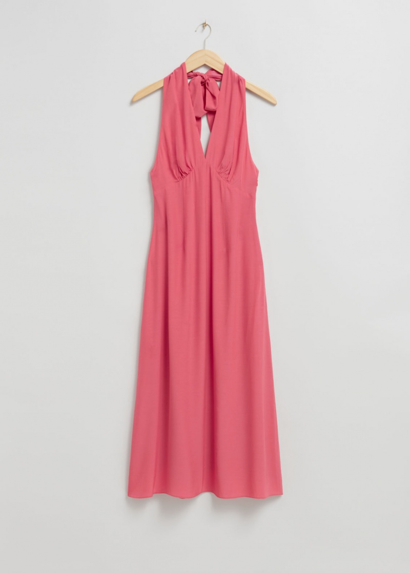 & Other Stories Halterneck Bow Detail Flared Vestito Rosa | NOS-SN113278