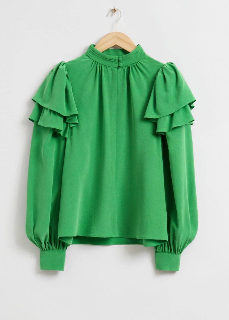 & Other Stories Mulberry Silk Layered Frilled Shirt Verdi Chiaro | NOS-SN113824