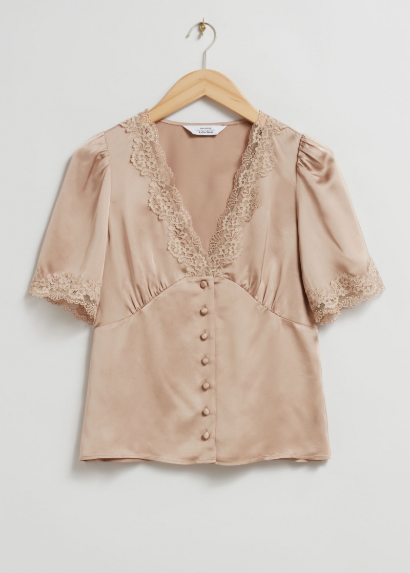 & Other Stories Pizzo Trimmed Satin Blouse Beige | NOS-SN113807