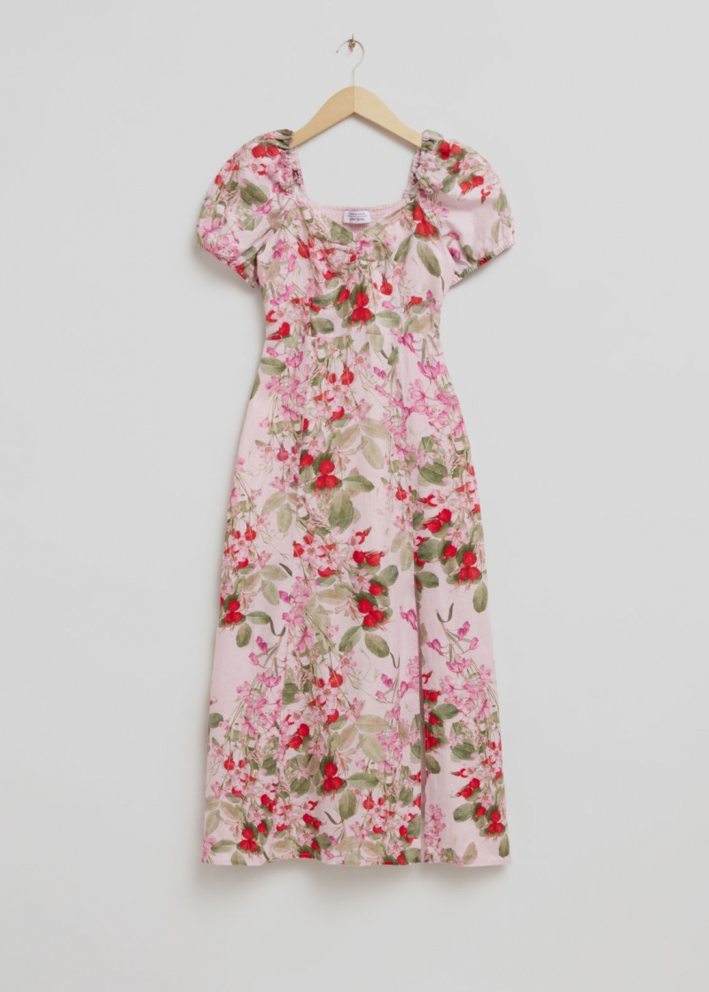 & Other Stories Puff Sleeve Linen Midi Vestito Rosa | NOS-SN113427