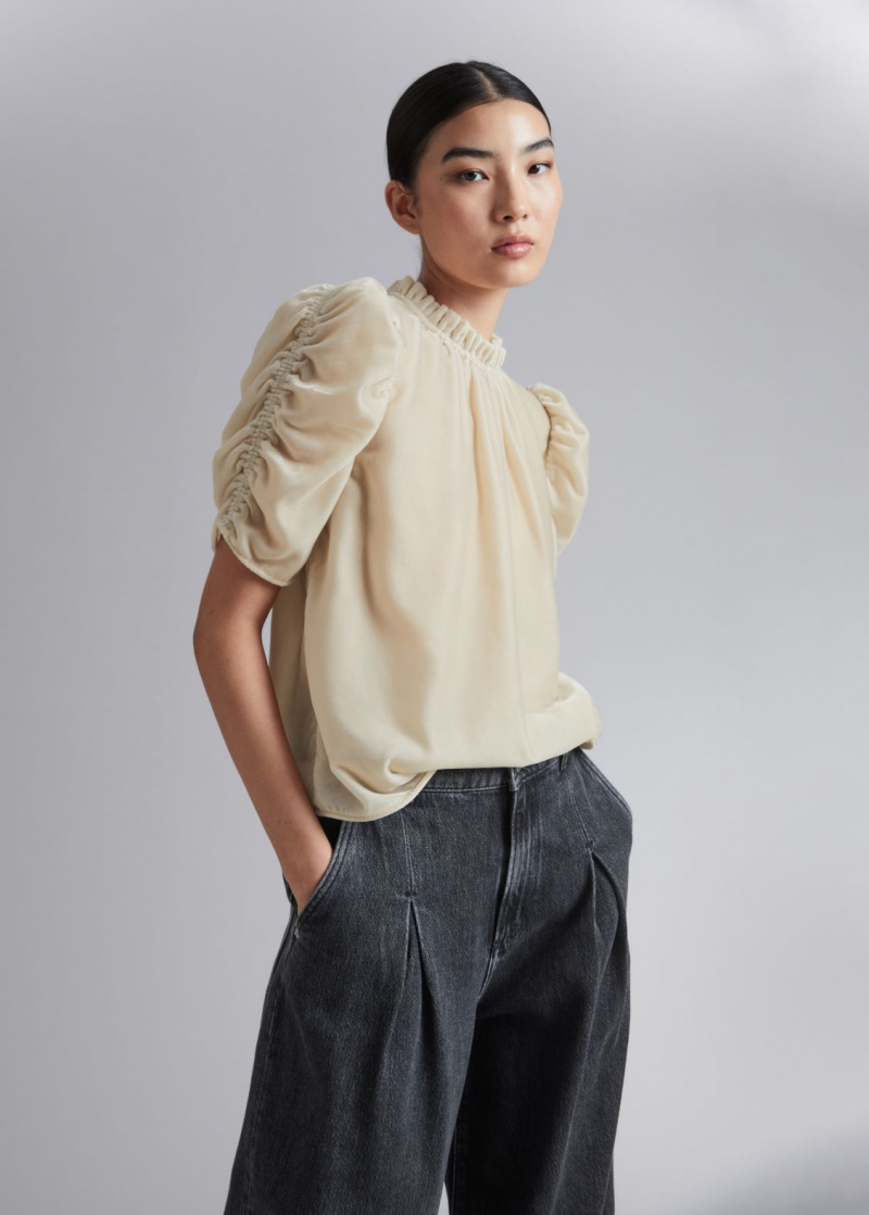 & Other Stories Puff Sleeve Velvet Top Beige | NOS-SN113956