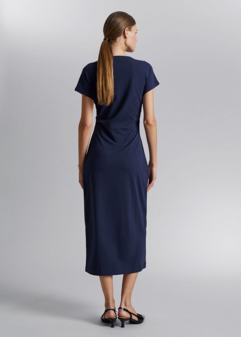 & Other Stories Ruched Shoulder Detail Midi Vestito Blu Scuro | NOS-SN113249