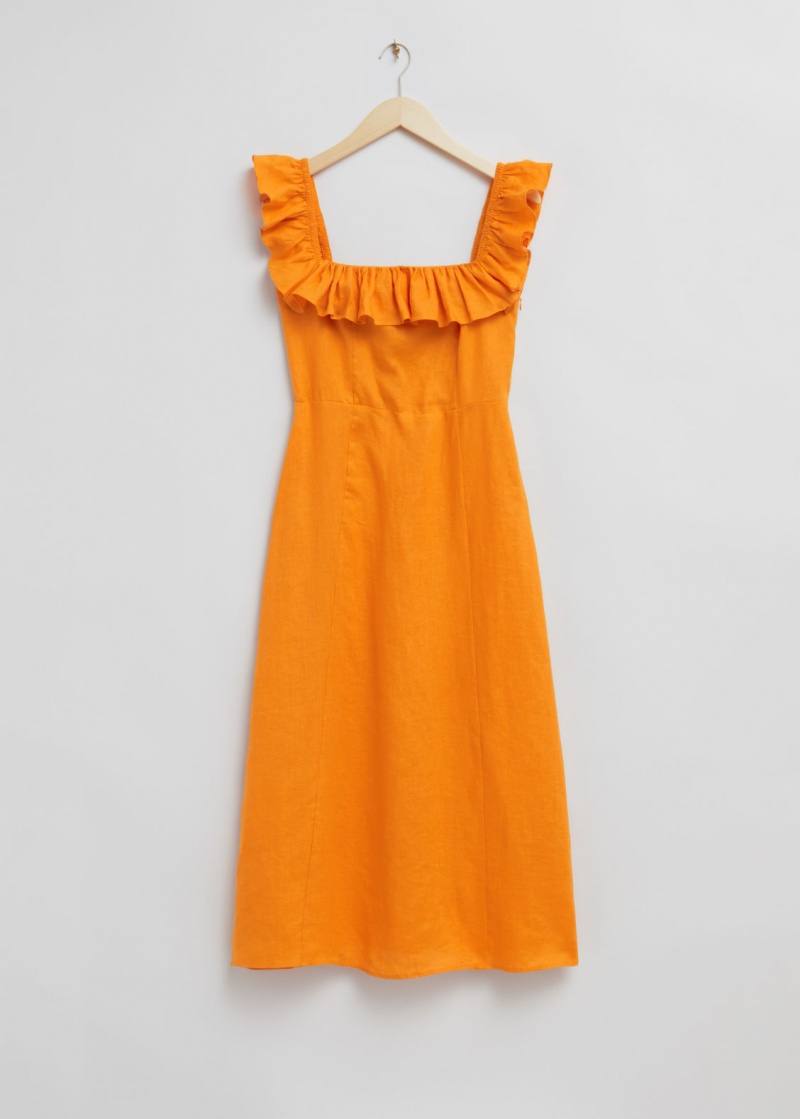 & Other Stories Ruffle Neck Linen Midi Vestito Arancioni | NOS-SN113363