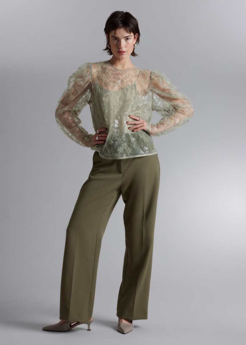 & Other Stories Sheer Embroidered Organza Blouse Verdi Chiaro | NOS-SN113840