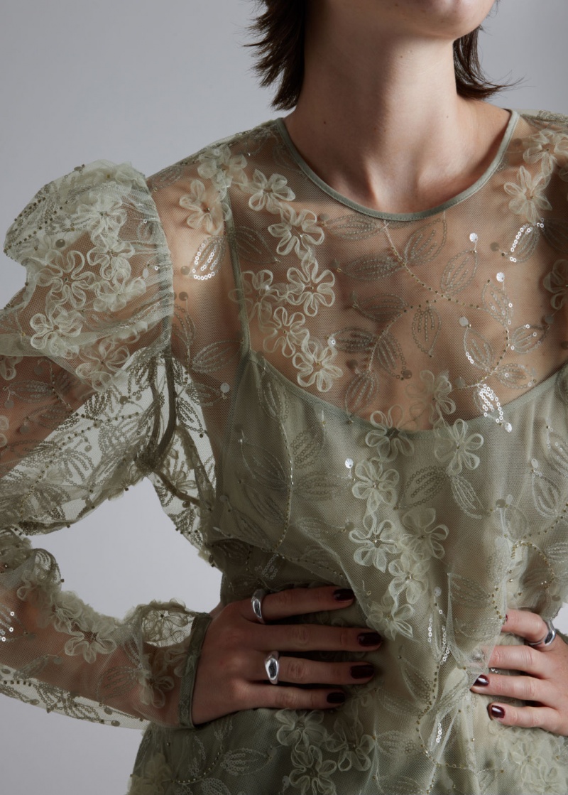 & Other Stories Sheer Embroidered Organza Blouse Verdi Chiaro | NOS-SN113840