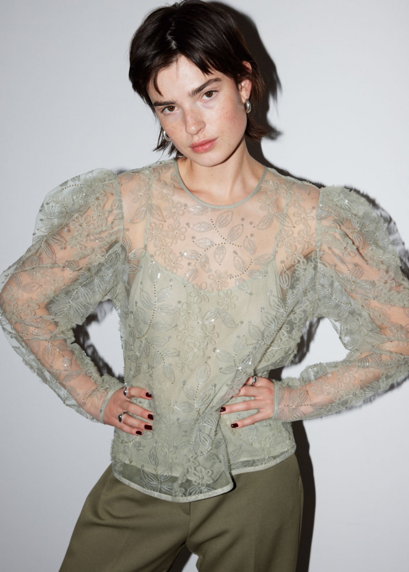 & Other Stories Sheer Embroidered Organza Blouse Verdi Chiaro | NOS-SN113840