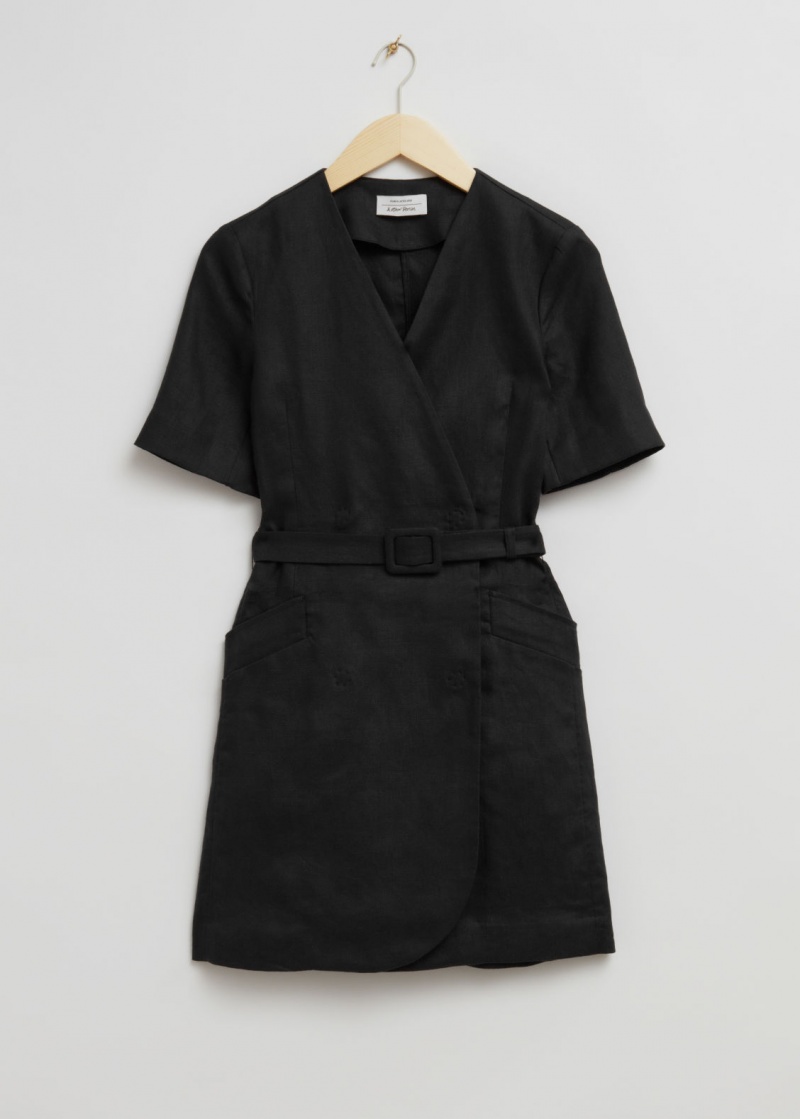 & Other Stories Tailored Linen Belted Mini Vestito Nere | NOS-SN113416