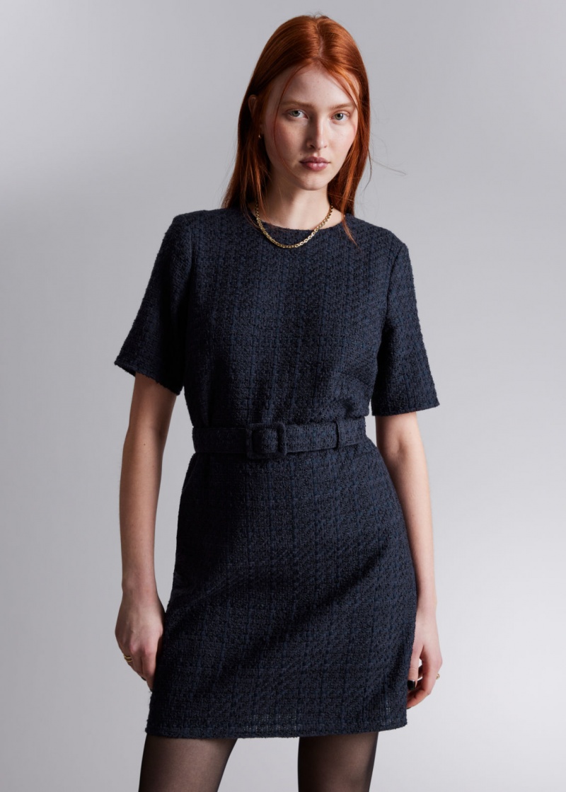 & Other Stories Tweed Belted Mini Vestito Blu Scuro | NOS-SN113255