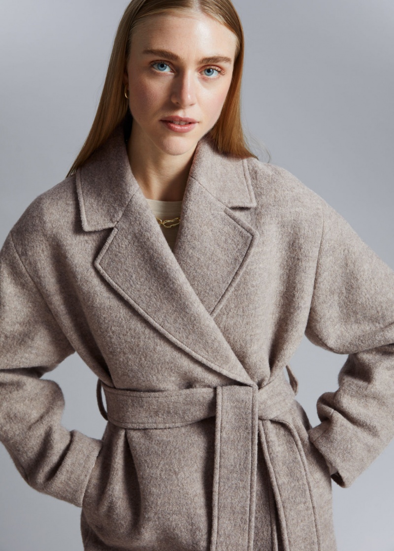 & Other Stories Voluminous Belted Lana Vergine Coat Beige | NOS-SN113771