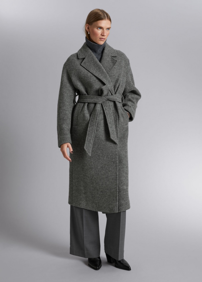 & Other Stories Voluminous Belted Lana Vergine Coat Grigie Scuro | NOS-SN113776